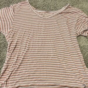 American Eagle Outfitters Pink and White Striped V-Neck Tee